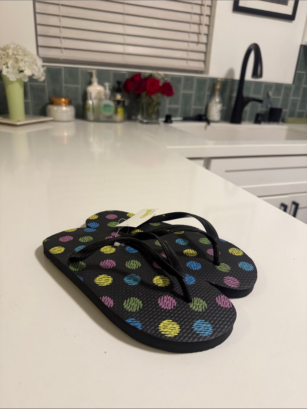 Capelli of New York Black Flip Flop Sandals with Multicolor Polka Dots